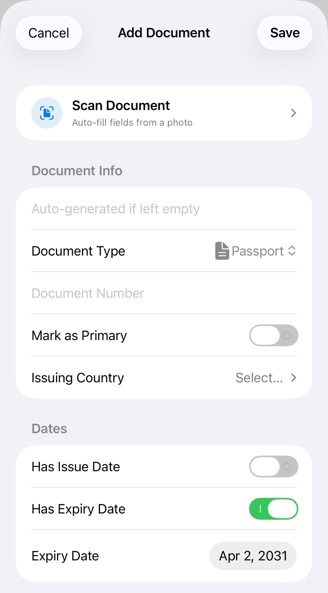 Add Document with OCR scan