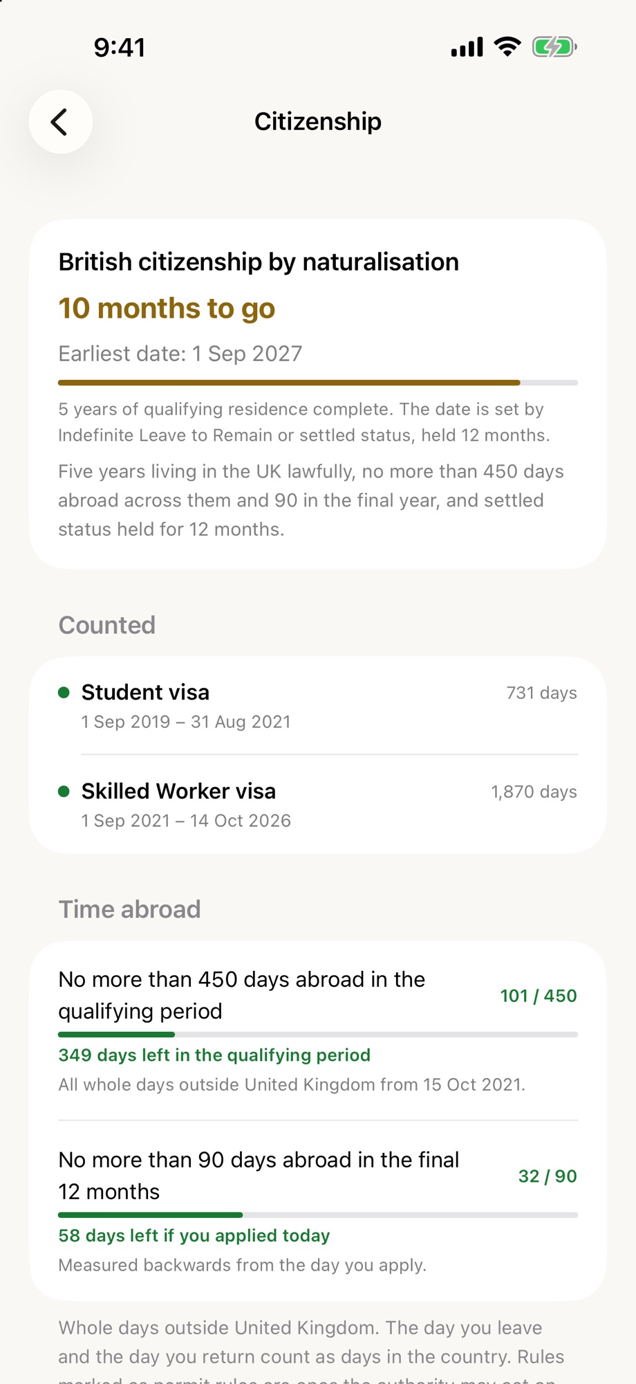 Citizenship: 10 months to go, earliest date 1 September 2027