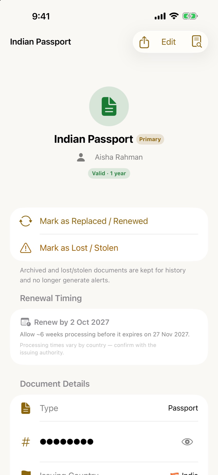 Passport details and renewal timing