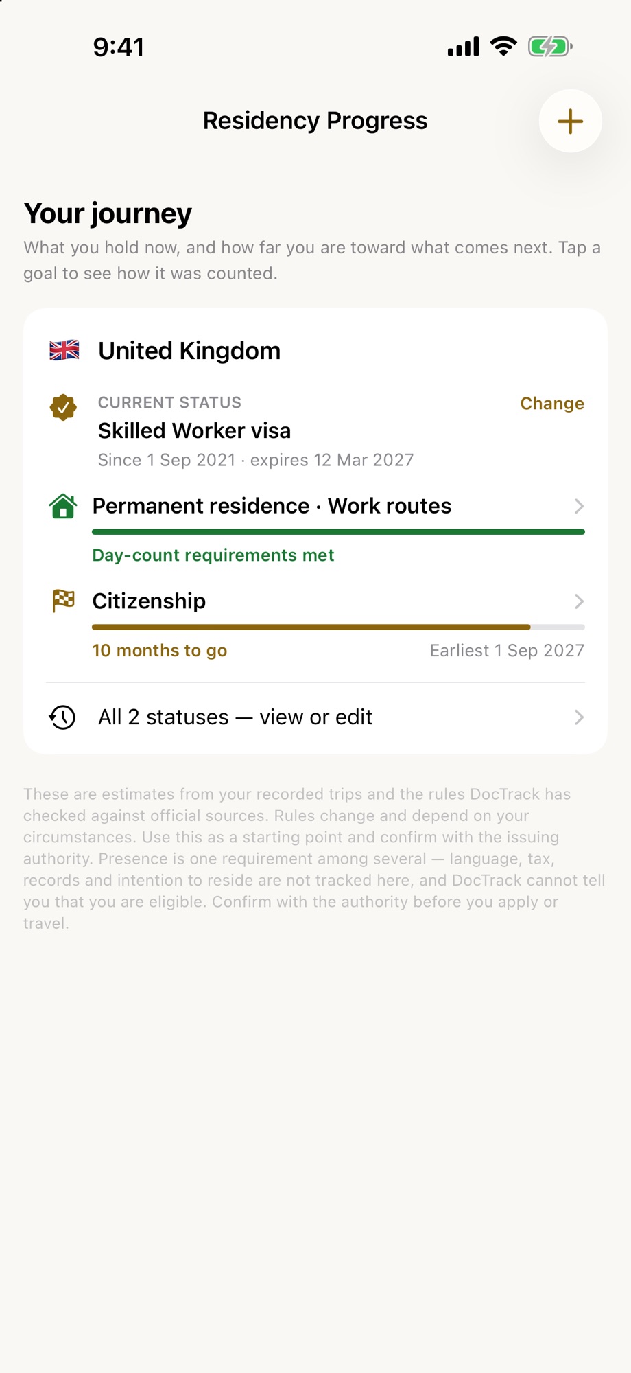Residency Progress: current status, permanent residence and citizenship